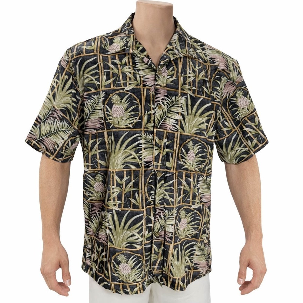 Cooke Street Hawaiian Aloha Shirt Medium Floral Bamboo Pineapples Reverse Print